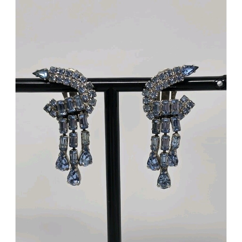 Vintage 1950s Blue Rhinestone Dangle Clip On Earrings Waterfall Baguette Teardro